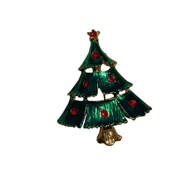 Christmas Tree Pin with Red Rhinestones Tree Decorations gold tone - Picture 9 of 9